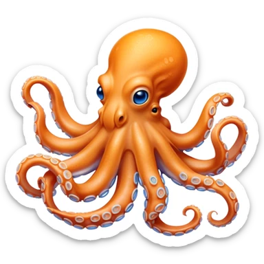 Beautiful and Majestic smiling Octopus Portrait Emoji, Head and body resting in serene repose with a gentle, content smile, showcasing a soft, light orange form adorned with elegant blue rings and delicately arranged arms, Simplified yet exquisitely endearing features, highly detailed, glowing with a soft, drowsy underwater light, high shine, relaxed and utterly enchanting, stylized with an air of majestic aquatic beauty, soft glowing outline, capturing the essence of a beautiful and majestic octopus that embodies the enchanting spirit of the deep! sticker