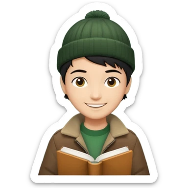 tan skin, non binary man with pixie cut black hair, wearing brown jacket and dark green beanie, smiling , holding up  book  sticker