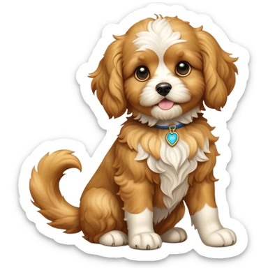 cinematic-[cavoodle dog]-realistic-full-body-sitting-emoji,-tail-resting-loosely-beside-its-paws,-head-tilted-dramatically,-wavy-[solid golden]-fur,-simplified-yet-realistic-focused-features,-highly-detailed,-glowing-with-an-almost-sarcastic-glow sticker