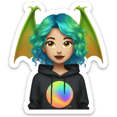 Lady with brunette and iridescent blue hair, gold, lime green dragon wings, black hoodie, oilslick holographic, black and gold Nike t shirt, and bright red eyes sticker