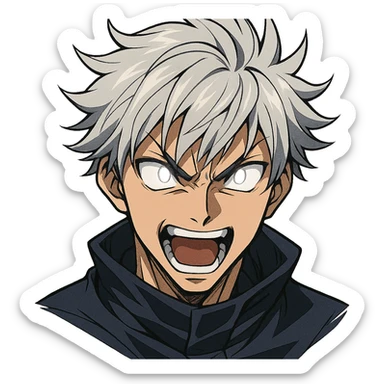 male anime character with silver hair, stylized portrait, dynamic facial expression, clear lines, glowing eyes, no background sticker