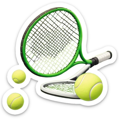 A tennis racket and a ball placed on a grassy court, with the net visible in the background. The scene captures the elegance and energy of the sport, with a vibrant green court and soft sunlight highlighting the equipment. sticker