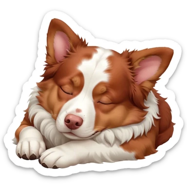 Cinematic Chubby Sleeping Red and White Merle Australian Shepherd Portrait Emoji, Chubby and serene, with a round, adorable build and a striking red and white merle coat, eyes gently closed in peaceful slumber, Simplified yet irresistibly endearing features, highly detailed, glowing with a gentle, dreamy glow, high shine, relaxed and content, stylized with a touch of whimsy, bright and heartwarming, soft glowing outline, capturing the essence of a blissfully sleepy herder, so comically serene it feels like it could roll out of the screen and snore with adorable charm! sticker