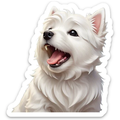 Cinematic Cute Yawning West Highland White Terrier Portrait Emoji, Head tilted slightly with a dramatic, wide-open yawn, showcasing a soft, fluffy white coat with floppy ears slightly drooping and round dark eyes barely open in drowsy contentment, Simplified yet irresistibly adorable features, highly detailed, glowing with a soft, cozy glow, high shine, relaxed yet expressive, stylized with a touch of whimsy, bright and endearing, soft glowing outline, capturing the essence of a sleepy yet affectionate companion, so drowsy it feels like it could stretch out of the screen and curl up for a nap! sticker