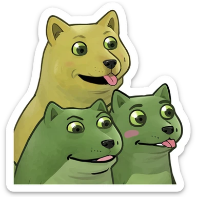 group emoji: yellow Doge, Pepe, and ChillGuy together, all holding 'ByteNova' text, fun meme mashup sticker