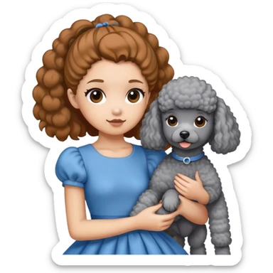 A girl with a caramel brown ponytail holding a grey poodle sticker