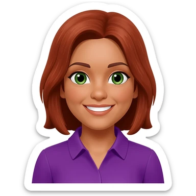 Tan Woman with gray, medium red brown hair and green eyes and purple shirt smiling sticker