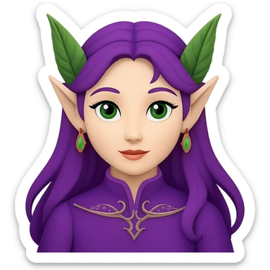 Create an Apple emoji style image of a woman with elf ears and purple hair, no background. sticker