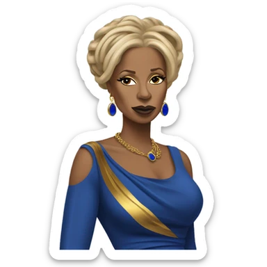 Shrugging Mary j blige with blue and gold locs wearing a royal blue and gold dress  sticker