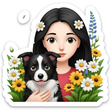 A girl is holding a black and white border collie in the flowers sticker