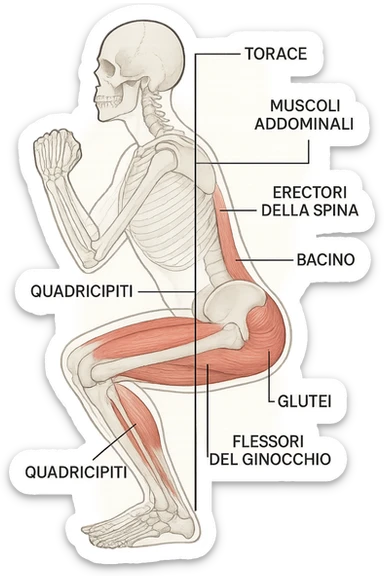 side view of a human figure performing a squat, with transparent overlays showing the skeletal structure. A straight line or highlighted axis connects the pelvis (bacino) and the ribcage (torace), demonstrating correct alignment. Key muscles involved in maintaining posture are labeled. Clean, educational style, white background. sticker