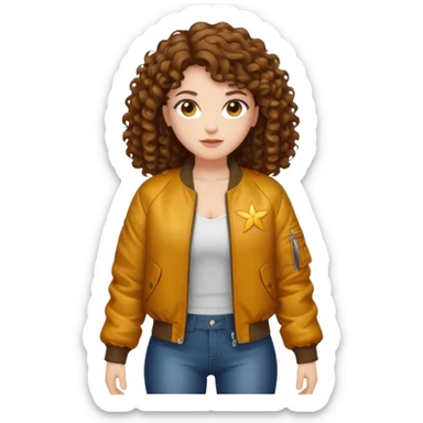 full body woman short curly brown mullet brown eyes white skin muscular build firefly bomber jacket sticker