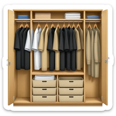 Cartoon wardrobe slightly open showing black shirts, khaki pants, overall, and work clothes neatly organized inside sticker