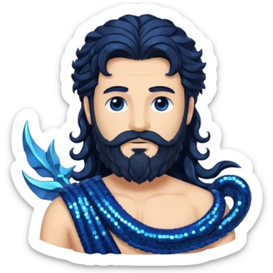 Neptune, God of Sea from Roman Deities with long jet black wavy hair and beard, dark blue sequin toga sticker