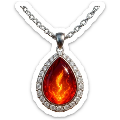 A teardrop ruby pendant with fiery light, a tiny phoenix feather emerging, haloed by shimmering white stones, and a silver chain like liquid moonlight sticker