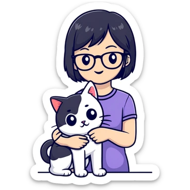 Girl with black hair wearing glasses holding a black and white cat sticker