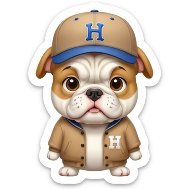 white BULLDOG with with baseball hat, H on hat sticker