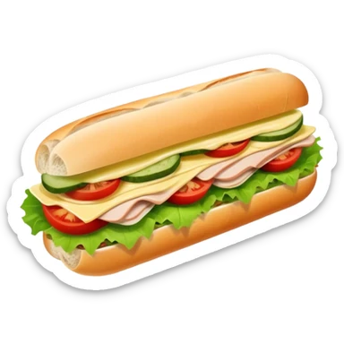 sandwich with turkey, lettuce, pickles, mayonnaise, and tomatoes on a baguette sticker