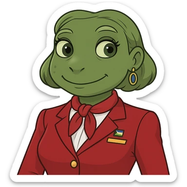 Remove the hat from the flight attendant, keep the red uniform, in the style of bufo frog meme emoji style. sticker
