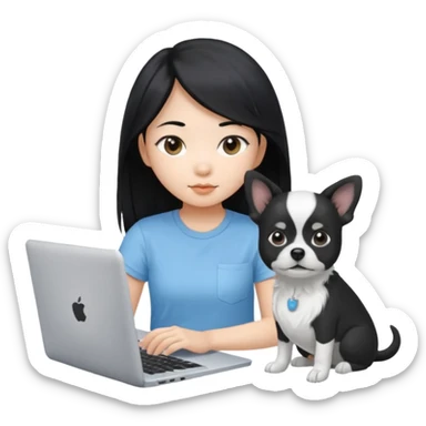 Asian girl with long black hair, wearing a light blue t-shirt, working on an Apple laptop, beside a small black and white dog sticker