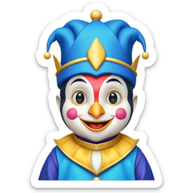 crazy colorful cute little penguin jolly joker, medieval, vintage, court jester, mac os icon, blue color sticker
