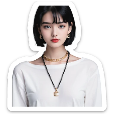 college girl with black hair, white skin, wearing a Cartier necklace, old money luxury vibe sticker