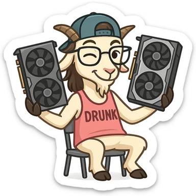 goat for Telegram stickers inspired by reference https://attic.sh/feoducyurkpqwz0la088soao98sx: wearing a cap, glasses, mullet hairstyle, pink drunkard tank top, sitting on a chair, holding a large video card in each hand at shoulder level, winking, pose like in the photo, clean lines, soft gradients. transparent background sticker