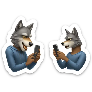 Two human like wolves looking at their phones celebrating sticker