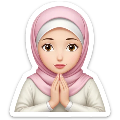 white hijab women are listening with her hands folded on the table. her lips is pink. sticker
