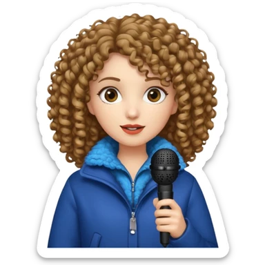 curly haired woman with winter clothes holding microphone sticker