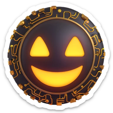 menacing 3D emoji with cyberpunk details, glowing circuitry, dark metallic finish sticker