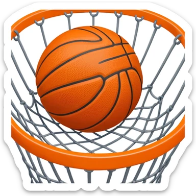 Top-down view of basketball pushing through center of net, iOS emoji style sticker