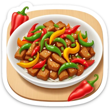 Hunan spicy stir-fried pork with colorful peppers, simplified emoji style with bold outlines and bright colors, cartoon style Chinese spicy dish sticker