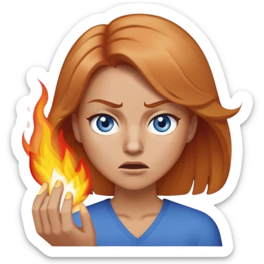 woman with below shoulder length strawberry blond hair and blue eyes angrily setting fires sticker