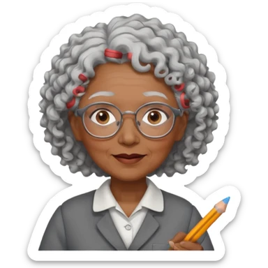 old woman teacher, brown skin, curly grey white hai, wearing glasses, hold chalk on hand sticker
