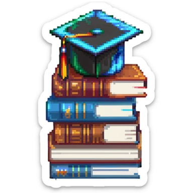Terraria style pixel art stack of colorful books with a graduation cap on top sticker