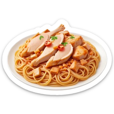 Cinematic realistic emoji depicting a dish of spaghetti with pieces of chicken breast, made with realistic details and bright natural lighting sticker