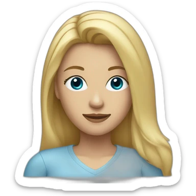 a blonde woman with long hair, dark eyes, and a light blue shirt sticker