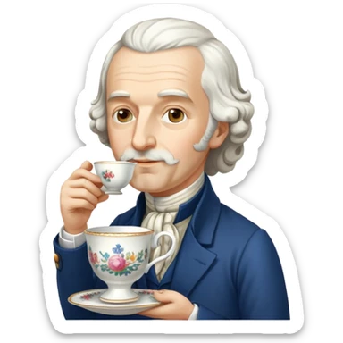 Adam Smith, 18th century economist with beard and wavy hair, drinking tea from a teacup sticker