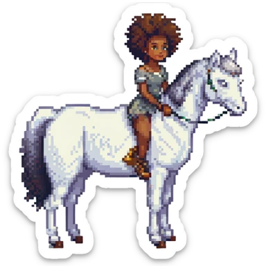 black girl with afro petting a white horse, pixel art style sticker