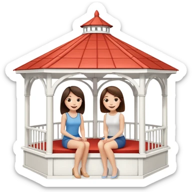 Two brunette women sitting inside a large white gazebo sticker