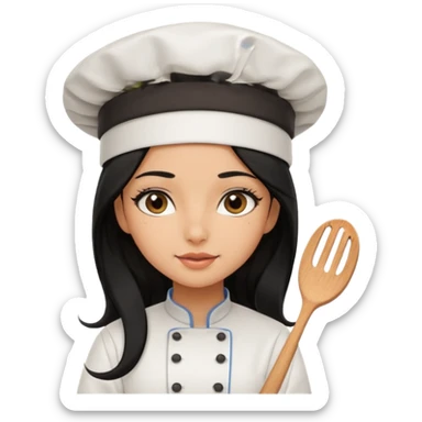 Create a cute girl, black hair, Middle Eastern with lashes  chef🧑‍🍳 emoji, barbie vibes tan skin black long hair with long lashes  sticker