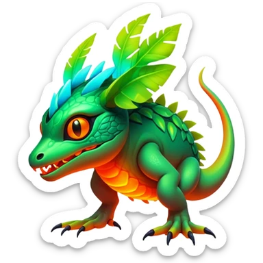 Tropical futuristic lush warm-colored neon Fakémon-Vernid-creature sticker