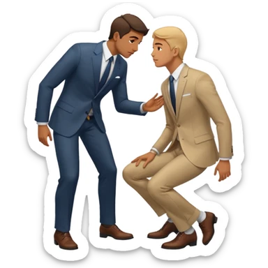 a guy standing up and another guy on his knees in front of said guy standing up but also looking up at him sticker