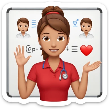 Happy instructor female brown hair whit board hair up red shirt add CPR to white board sticker