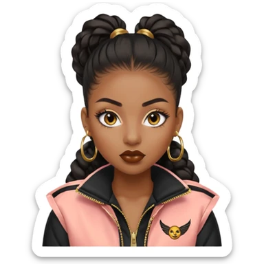 “black Emoji girl, fierce confident expression, sharp black winged eyeliner, bold brows, matte nude lips, long curled lashes, sleek high ponytail, gold hoop earrings, sporty streetwear jacket.” sticker