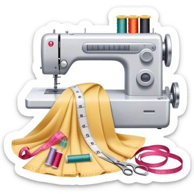 Sewing icon, measuring tape, pins, scissors, and a dress in progress, sewing machine with thread, visible needle, spools of thread, fabric pieces cut according to patterns, minimalistic style, clean lines, transparent background. sticker