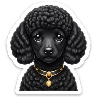 Cinematic Noble Black Poodle Portrait Emoji, Poised and regal, with a refined, elegant build and a meticulously groomed, curly jet-black Fur, deep-set soulful dark eyes, Simplified yet sharp and sophisticated features, highly detailed, glowing with a soft, dignified glow, high shine, intelligent and graceful, stylized with an air of sophistication, focused and attentive, soft glowing outline, capturing the essence of a watchful and confident companion, so majestic it feels as though it could prance out of the screen with effortless authority! sticker