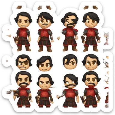 Vintage Tanned man with black hair pointed chin and stern face wearing red and black armour holding sword vintage intricate patterns sticker