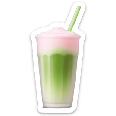Clear long cup, no handle, with light pink drink, matcha foam sticker
